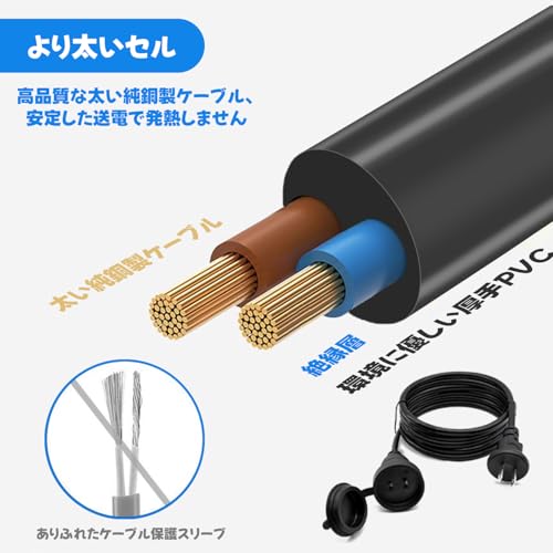 Prudencrose 延長コード 5m 電源コード 防水 防雨型 屋外用 延長ケーブル ソフトケーブル 電源タップ 1口 延長コンセント 作業