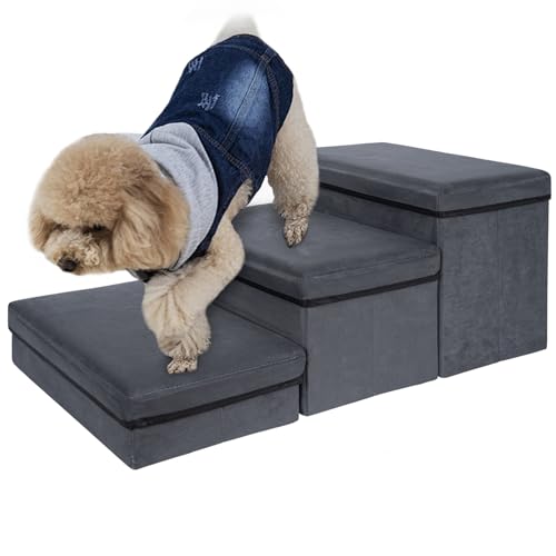 AKOZLIN 犬用階段 収納付き 3段 犬 階段 ステップ ドッグステップ 折りたたみ式 ペットステップ 安全 ..