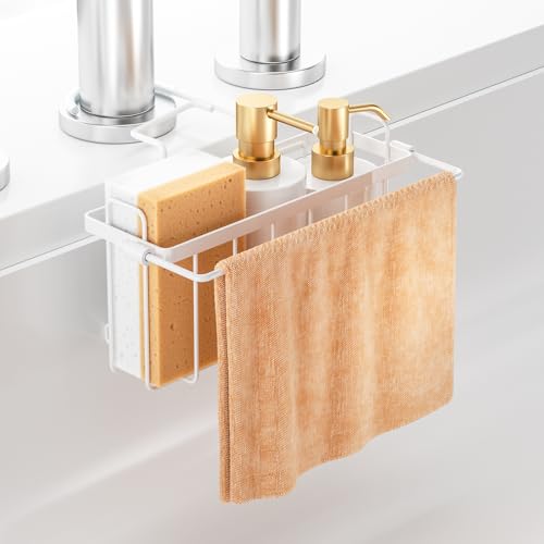 BOIVSHI シンク スポンジ置き タオルハンガー付き ステンレス製 防錆 蛇口にかける 収納ホルダー スポンジ・洗剤・たわし・ソープ・小物収