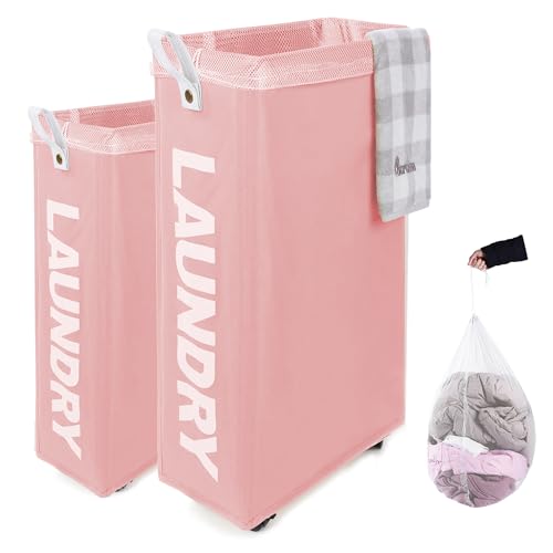 Caroeas 70L スリム 洗濯かご キャスター付き ランドリーバスケット ランドリーかご 洗濯かご 折りたたみ 撥水加工 取っ手付き 細長