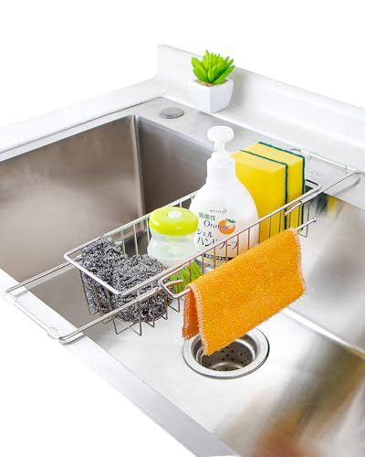 YQh 伸縮式スポンジホルダー、キッチンシンク用、304ステンレス製、30-48 cm調節可能、水切り付き収納ラック
