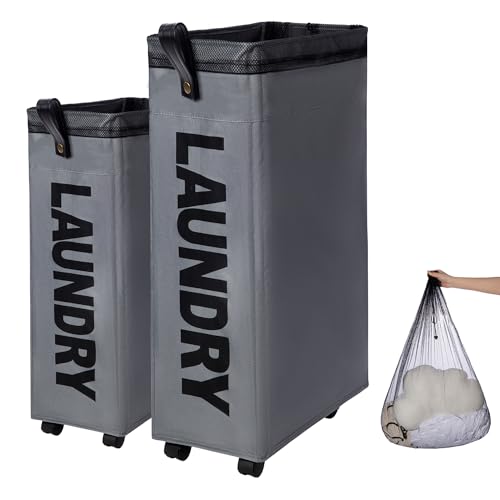 Caroeas 70L スリム 洗濯かご キャスター付き ランドリーバスケット ランドリーかご 洗濯かご 折りたたみ 撥水加工 取っ手付き 細長