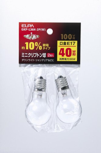 クリア/40W/GKP-L36H-2PC・Size:40WColor:クリア・パッケージ個数:1・定格電圧：100V・定格消費電力：36W・定格寿命：約2 000時間・本体サイズ：全長67×バルブ径35mm・口金：E17 入数：2個 カラー：クリア商品紹介 ●40W形約10％節電タイプ ●アルゴンガスよりも熱伝導率の低いクリプトンガスの封入で長寿命を実現した電球です。外径のコンパクト化によってスポットライト、ダウンライトなど幅広く使用できます。 原材料・成分 170563011 ご注意（免責）必ずお読みください ●定格に適した器具でご使用下さい。●ご使用の前に必ず説明書をお読みいただき、正しく安全にお使いください。●仕様および外観・外装は予告なしに変更することがありますのでご了承ください。●製造には万全を期しておりますが、万一不具合のあった場合はお申し出ください。それ以外の責はご容赦ください。