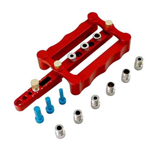 レッド/-/-・パッケージ個数:1・サイズブッシ及び位置決めピン：6mm、8mm、10mm。17mm〜60mmまでの異なる厚さの木板に対応、調整することを可能します。・素材高品質のアルミ合金6061（ドリルガイド）とダイス鋼（ブッシング）、高硬度、高強度、耐摩耗性、耐久性に優れています。・ユニークなデザイン両側には波のような形ですが、滑りにくいです。家具工場と木工愛好家に適応なツールです。・用途ダボ穴開け、ネジ穴、ボルト穴などに使用します。・使用ほぞ穴作業、位置決めピンの穴あけに適な工具です。パッケージ 1 X セルフセンタリングダウエルジグ 1 X 6mm 位置決めピン 1 X 8mm 位置決めピン 1 X 10mm 位置決めピン 3 X 6mmブッシュ 3 X 8mmブッシュ 3 X 10mmブッシュ