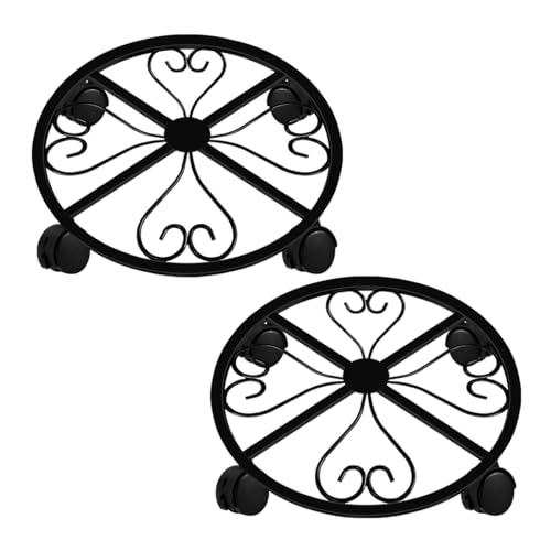 2点セット金属植木鉢フレーム車輪付き、重型防錆鉄植木鉢フレームブレーキ車輪、屋内外装飾棚、円形層..
