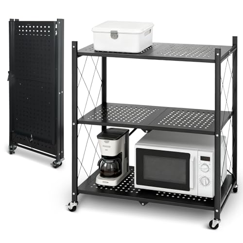 折り畳みメタルラック 折りたたみラック 3層 収納ラック 折りたたみ棚 スチールラック オープンラック キッチンラック 360°キャスター付きで