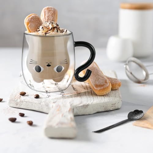 Rakuten - ecooe ダブルウォールグラス かわいい 280ml ブラックキャット ダブルウォールカップ 結露しない猫二重グラスコップ ホウケイ酸塩耐熱