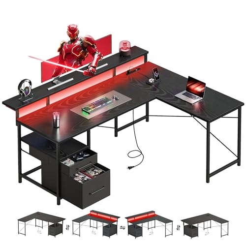 Maihail l字デスク LEDライト付き ゲーミングデスク パソコンデスク 幅155*110cm コーナーデスク デスクトップラック調節可能