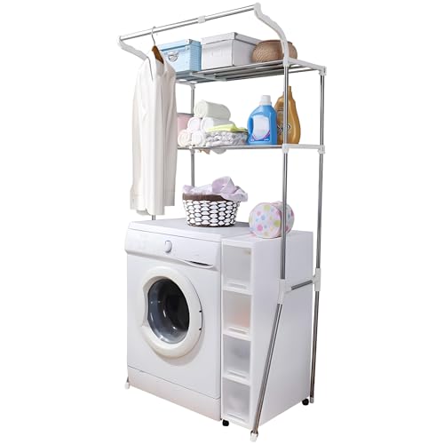 HORTDFang ランドリーラック 洗濯機ラック 収納棚 棚2段 横幅伸縮可能 ハンガーバー付き ステンレス製 ..