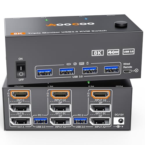 8K KVM切替器 2PC 3モニター、ミラー/拡張モード HDMI + DPポート 8K@30Hz/4k@144Hz USB3.0ポート KV