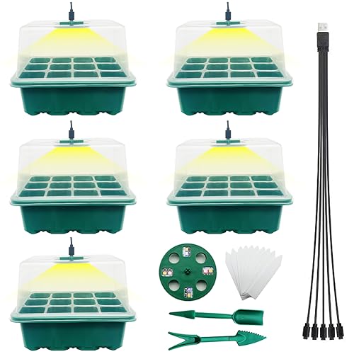 育苗ポット植物育成ライト付き 育苗トレイ 育苗箱 12穴 5個セット 高くする透明カバー 種子トレイ 発芽..