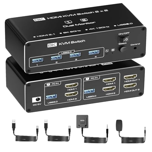 8K HDMI KVM 切替器 2PC 切替 2モニター 同時出力 USB3.0 出力口付き 8K 60Hz 4K 144Hz対応 HDMI2.