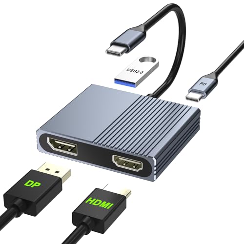 USB-C HDMIとDisplayPort変換アダプタ 4-IN-1 マルチディスプレイアダプ 2画面出力 拡張/複製4K@60Hz対応HDM