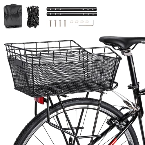 乐天商城 - ATHULYA 自転車 後ろカゴ 自転車 うしろ用バスケット 堅牢で耐久性がある 大容量 防水カバー付きネット付き 金属製 取付簡単 リアカゴ