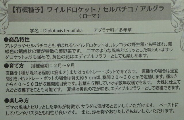 ゴマのような風味と味わい 有機種子 固定種 ワイルドロケット 種 売れ筋がひ セルバチコ アルグラ 種子 グリーンフィールドプロジェクト オーガニック ハーブ 追跡可能メール便選択可 ルッコラ