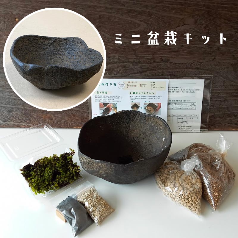 母の日 盆栽キット 植え替え用材料 盆栽キット 自然（くらま岩鉢） 盆栽の作り方つき 盆栽の育て方つき お手入れ相談 電話 メールサポート 硬質赤玉土 桐生砂 盆栽の土 ヤマゴケ