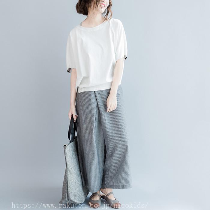 レディース服 ガウチョ ストライプ 夏 ワイドパンツ 40代 50代 30代 ボトムス パン...