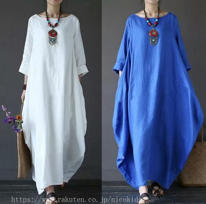 レディース服 ワンピース マキシ リネン 体型カバー 無地 30代 40代 50代 60代 大...