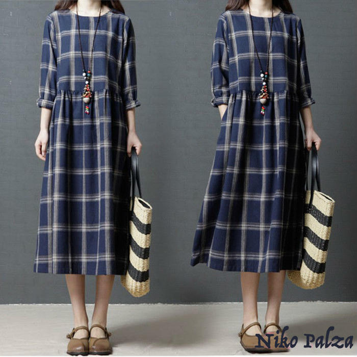 ワンピース レディース ロング丈 長袖 秋冬 チェック柄 ゆったり 体型カバー 大きいサイズ 30代 40代 M L 2L 3L