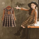 子供服 秋冬ワンピース 長袖 セットアップ キッズ 無地 Tシャツ カシュクール+チェック柄ワンピース 女の子 可愛い 女児 暖かい