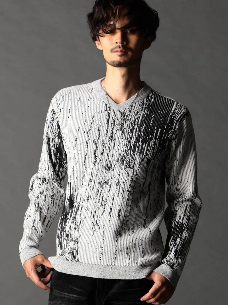 バーク風ジャカード Vネックプルオーバーニット NICOLE CLUB FOR MEN ニコル トップス ニット ブラック..