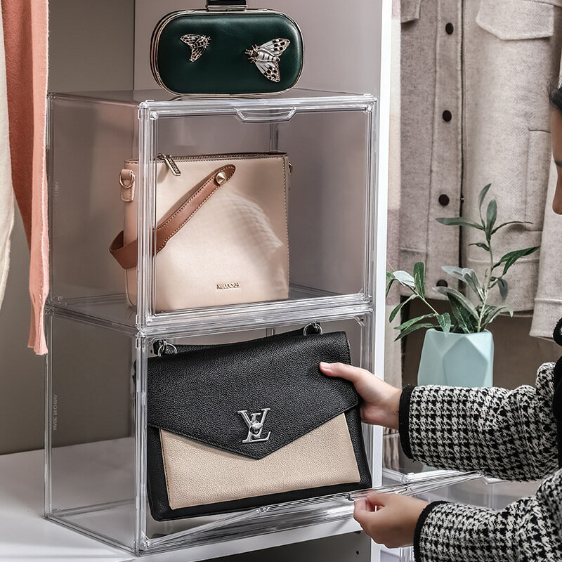 透明の収納ケース3つ 積み重ね式 プラスチックのマグネット式 前開き バッグ・おもちゃ・かばん・財布・靴・化粧品・書類の収納ボックス・ディスプレイ用 引き出し ...