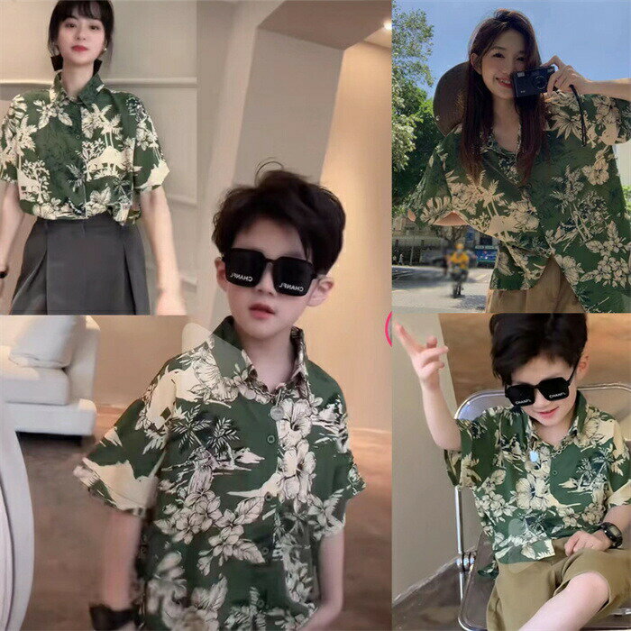 乐天商城 - 親子ペア アロハシャツ 親子コーデ 女の子 男の子 花柄ワンピース 親子 ペアルック 家族お揃い ママ パパ 子供 メンズ アロハシャツ 半袖 夏 ビーチ 旅行 リゾート キッズ 父の日