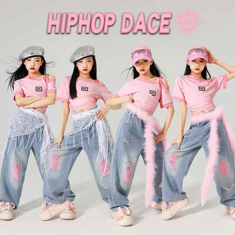 乐天商城 - ダンスウェア 女の子 キッズ ジュニア ジャズダンス ストリートダンス ヒップホップ ドーパミンピンク 鮮やか 半肩 ショート丈 パフォーマンス レッスンウェア 発表会衣装 トップス