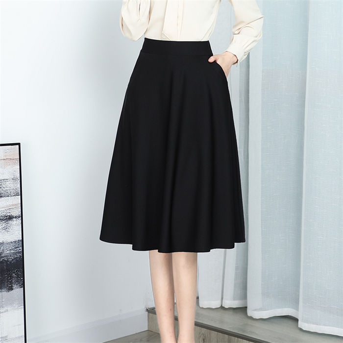乐天商城 - スカート レディース フレアスカート 膝丈 事務服 ロングスカート プリーツスカート 黒 ミモレ丈 オフィス 膝丈スカート シンプル 無地 ウエストゴム 通勤 OL 大きいサイ フレア 太め