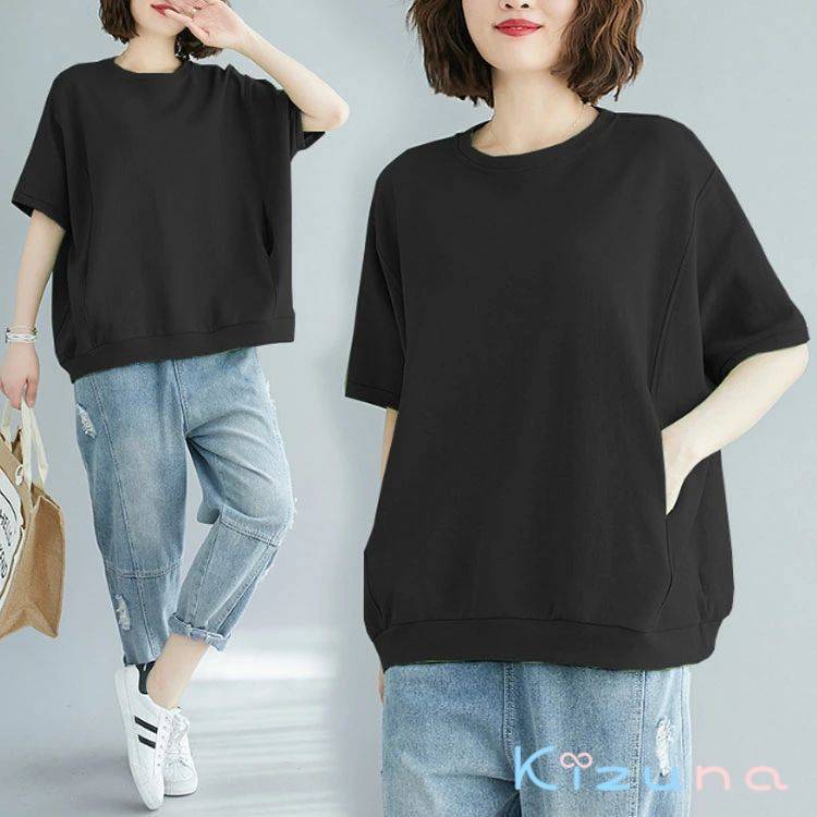 乐天商城 - 体型カバー 5分丈 tシャツ スウェット おしゃれ トレーナー トップス ゆったり ビッグシルエット 半袖tシャツ 夏服 シンプル 半袖 カットソ プルオーバー カジュアル ラウンドネック