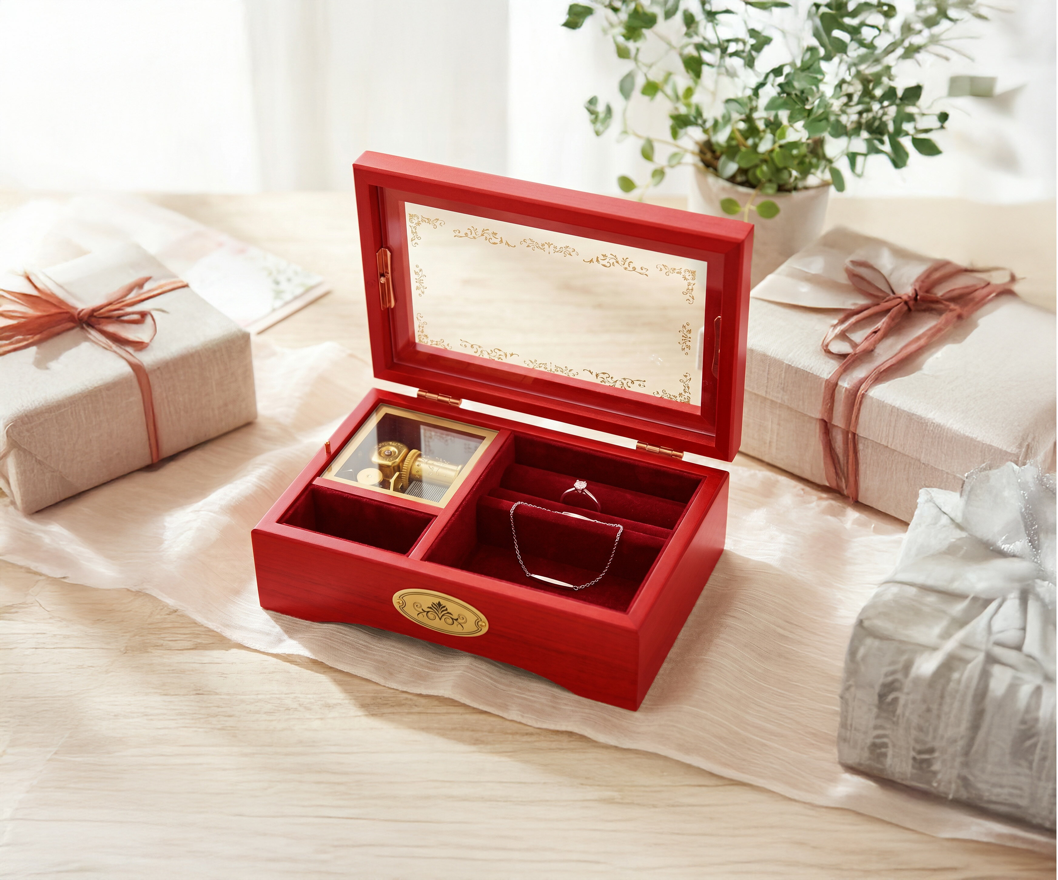 Miffy - オルゴール プレゼント ギフト 23弁 高級オルゴール BOX 赤 ナチュラル 木製 ガラス窓付き 小物入れ 美女と野獣【AA302A】日本製 プレゼント ギフト 女性向け 誕生日 記念日 おしゃれ 和風 洋風 贈り物 インテリアにも 卒業祝い 入学祝い