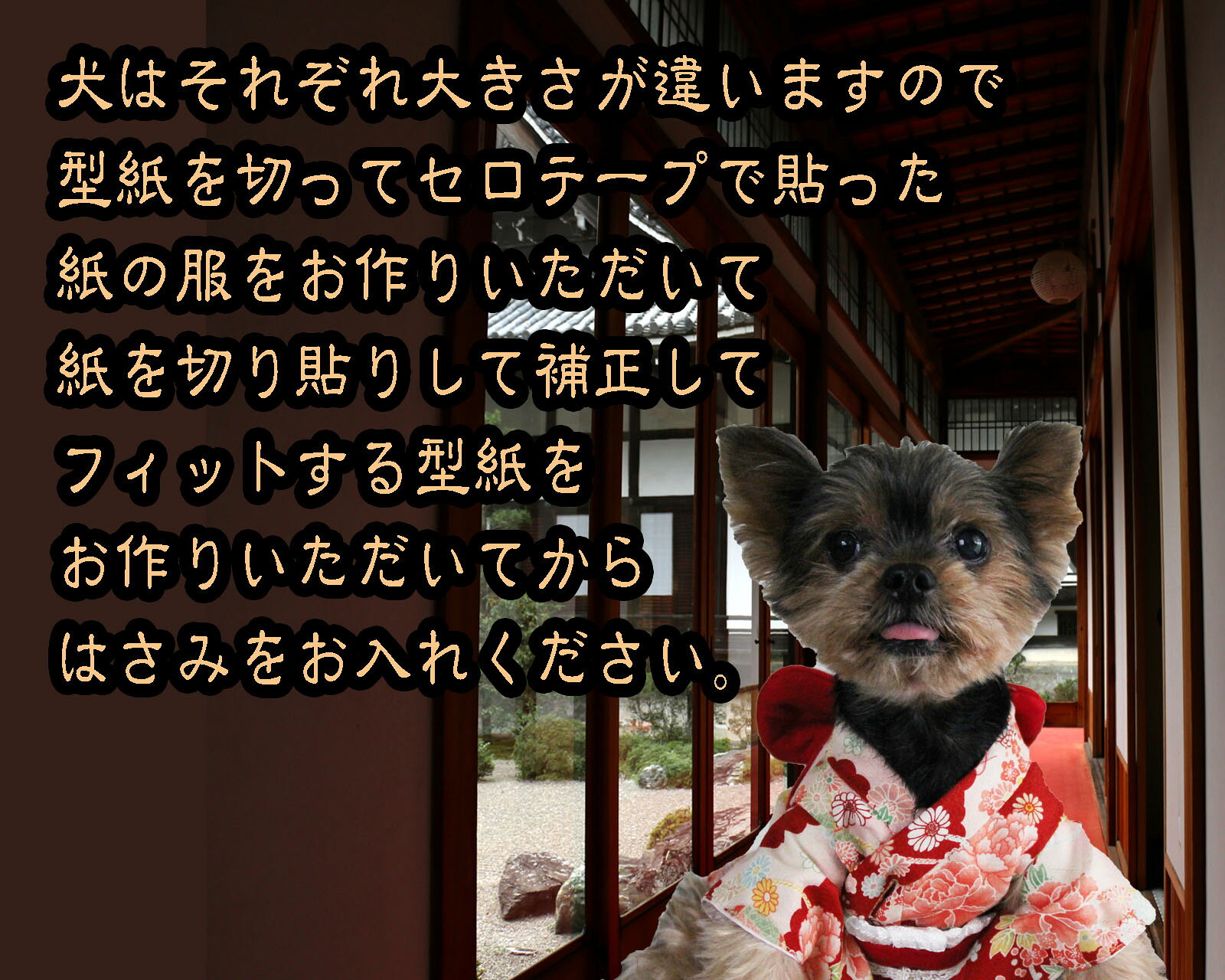 nideruの型紙 小型犬の着物/浴衣 作り方説明付きですが you tubeでもご覧いただけます。電話サポート10分付 【作り方説明不要の方は半額】型紙補正/アレンジ意外に簡単 4サイズからお選びください｜アングル2