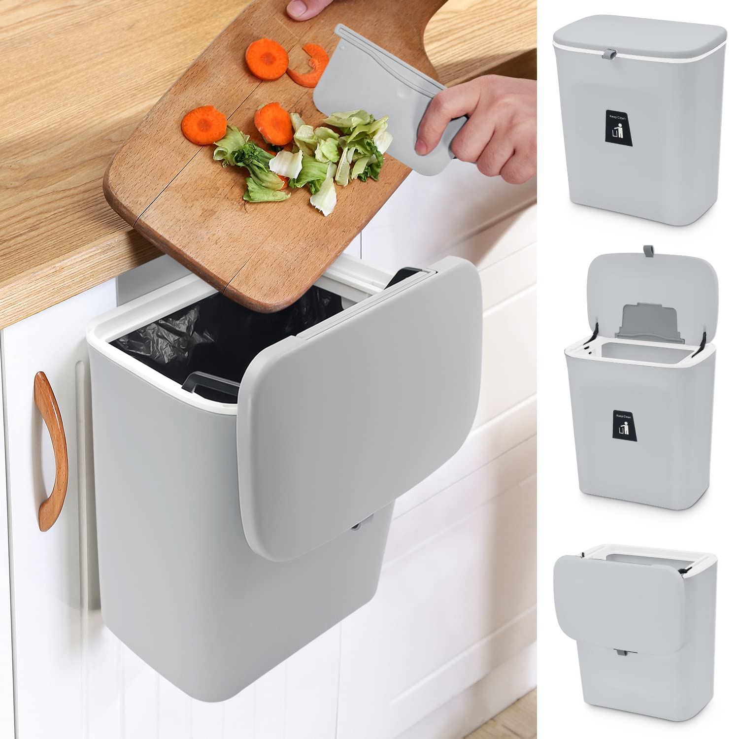 ゴミ箱 おしゃれ 壁掛け式 ごみ箱 ふた付き 大容量 9L 密閉 大口径 スライダー式 ぶら下げごみ箱 キッチン リビング 洗面所 オフィス 生ゴミ 燃えるゴミ収納 臭わない 多機能 灰色 掛け式ゴミ箱 便利なデザイン 大容量ゴミ箱 臭くない フタ付き スライダー式蓋 大口径