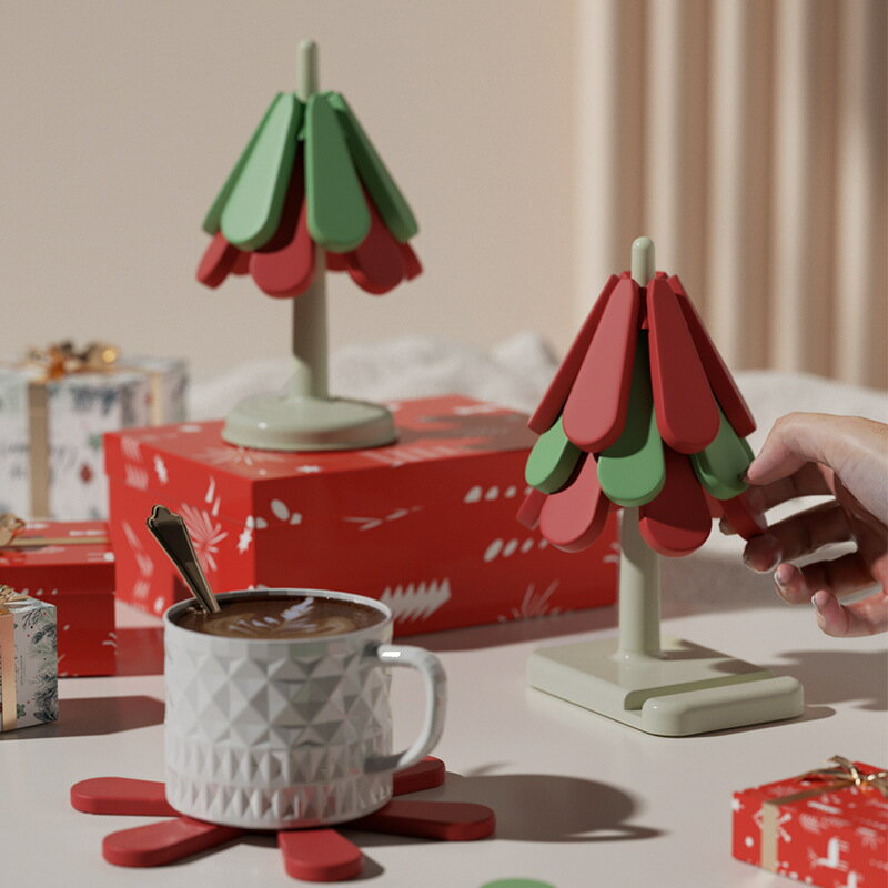 コースター 3枚セット 立体コースター 断熱パッド お茶 カフェ 来客用 収納ホルダー付き クリスマス 飾り クリスマスツリー 卓上 飾り クリスマスツリーシリコンディッシュマット 断熱マットセットテーブル カウンタートップ用 茶パッド 滑り止め