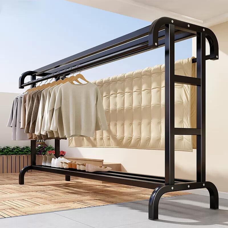 車輪付き衣類ラック、ダブルレール金属衣類ラック、衣類を掛けるための収納棚付き多機能自立衣類ラックレール 物干しスタンド