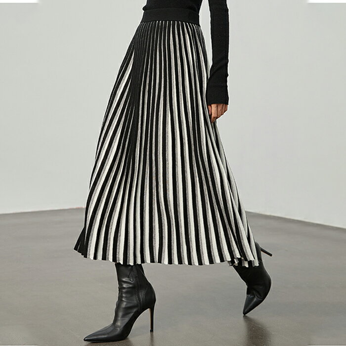 ニットスカート スカート レディース ボトムス ロング ストライプ柄 綿100 柄 プリーツ プリーツスカート 立体感 ニット ロングスカート 柄スカート 伸縮 着痩せ 細見え 上品 高級感