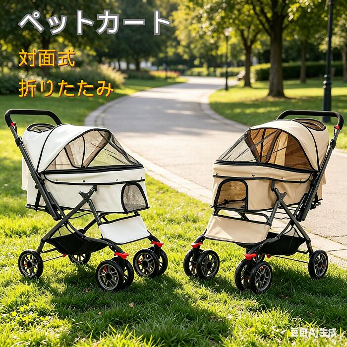 Nursing Cart - ペットカート 対面式 折りたたみ 4輪 ワンタッチ式 多頭 中型犬 小型犬 猫 2way 軽量 組立簡単 工具不要 介護用 ドッグカート ペットバギー 犬 猫 動物 ペット用品