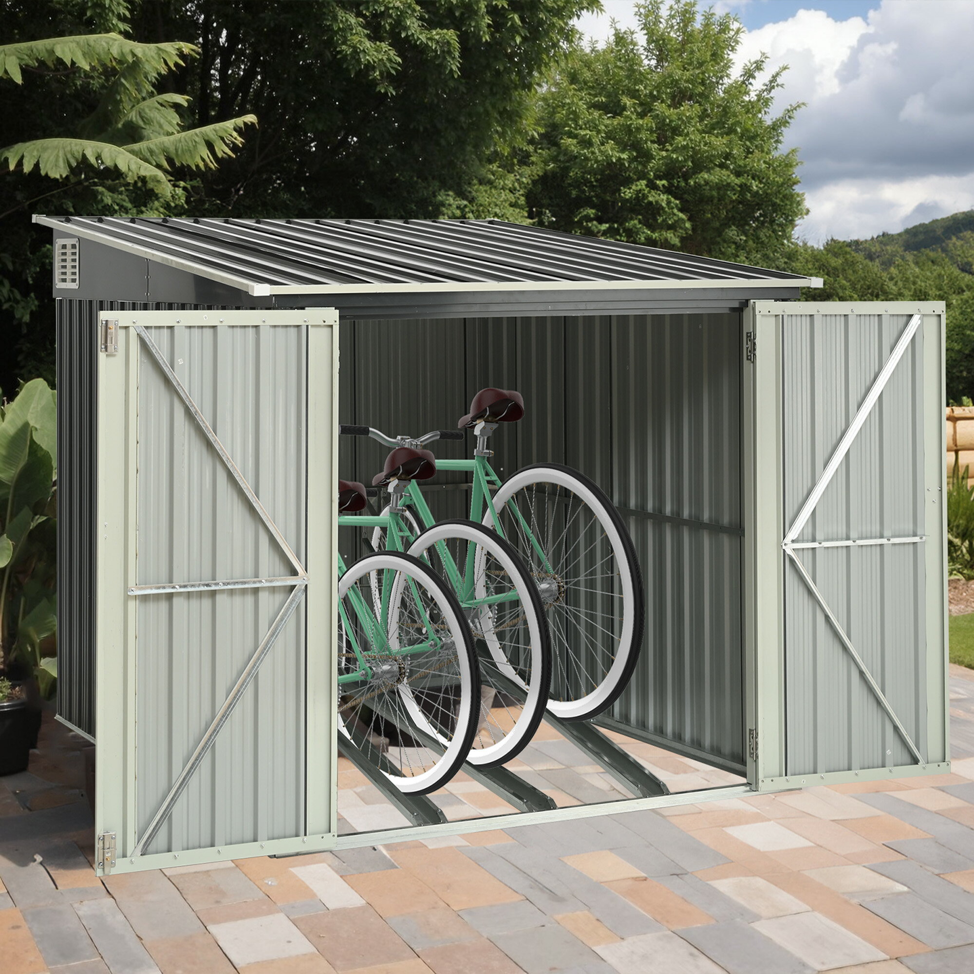 乐天商城 - 【スタンド搭載】自転車倉庫 3台用 物置 屋外 スチール 施錠可能 戸外収納庫 大型 収納庫 屋外物置 防さび 防水 ドア スチール物置 屋外収納 ガーデニング 庭 新作