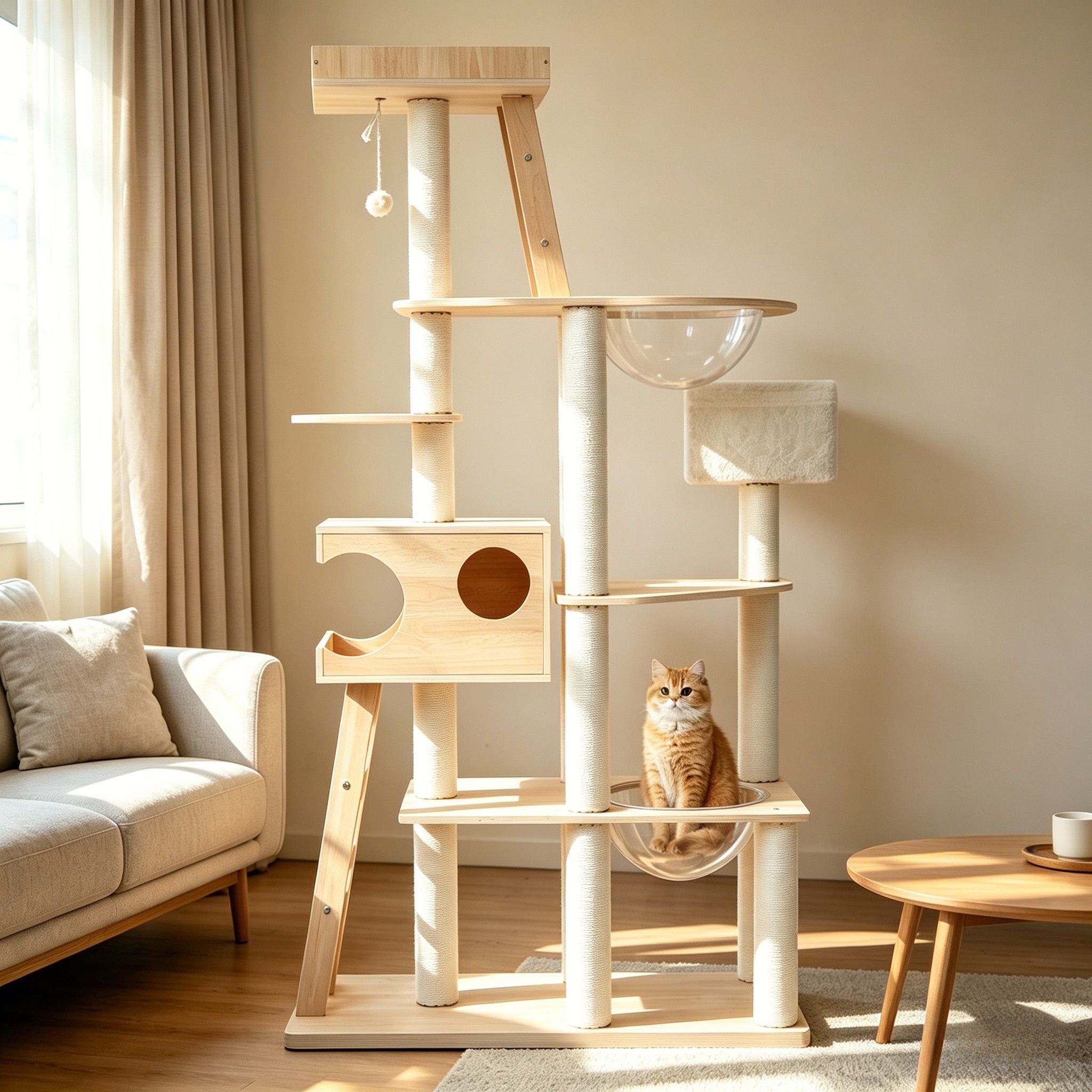 商品情報 素材 ：木製、天然麻ロープ カラー： ナチュラル 商品サイズ(約)： 190×100x48CM 梱包サイズ(約)： 103×53×45CM 梱包個数： 1 商品重量 約30KG 生産国： 中国 組立品/完成品： 組立品 梱包重量： 約32.4KG 【広々とした高所展望台】幅45cmの広めの展望台を採用。猫が高い場所から周囲を見渡すことで好奇心を満たせるだけでなく、揺れるボンボンおもちゃが狩猟本能を刺激し、運動不足やストレスの解消にも効果的です。 【透明な宇宙船スペース】2つの宇宙船スペースを搭載。多頭飼いのご家庭でもゆったりご利用いただけます。全面透明デザインにより、360度どの角度からでも猫の可愛らしい姿を観察できます。 【充実した隠れ家スペース】木製の隠れ家ともふもふ素材のトンネルを完備。繊細な猫でも安心して隠れられる専用スペースを実現し、静かにくつろげる環境を提供します。 【15か所の麻爪とぎ＆昇り降りしやすいスロープ】高品質な天然麻ロープを使用した爪とぎ柱を15か所に配置。家具を傷つけるトラブルを防ぎます。さらに、スロープを設けることで、子猫やシニア猫でも負担なくスムーズに昇降できます。 【バラエティ豊かな総合エンターテインメント設計】展望台、隠れ家、トンネル、宇宙船、遊びおもちゃなど、複数の機能を1台に凝縮。遊び・睡眠・運動・爪とぎのすべてを満たすマルチキャットタワーです。木製デザインがお部屋のインテリアに自然に馴染み、日常に癒しの空間を演出します。