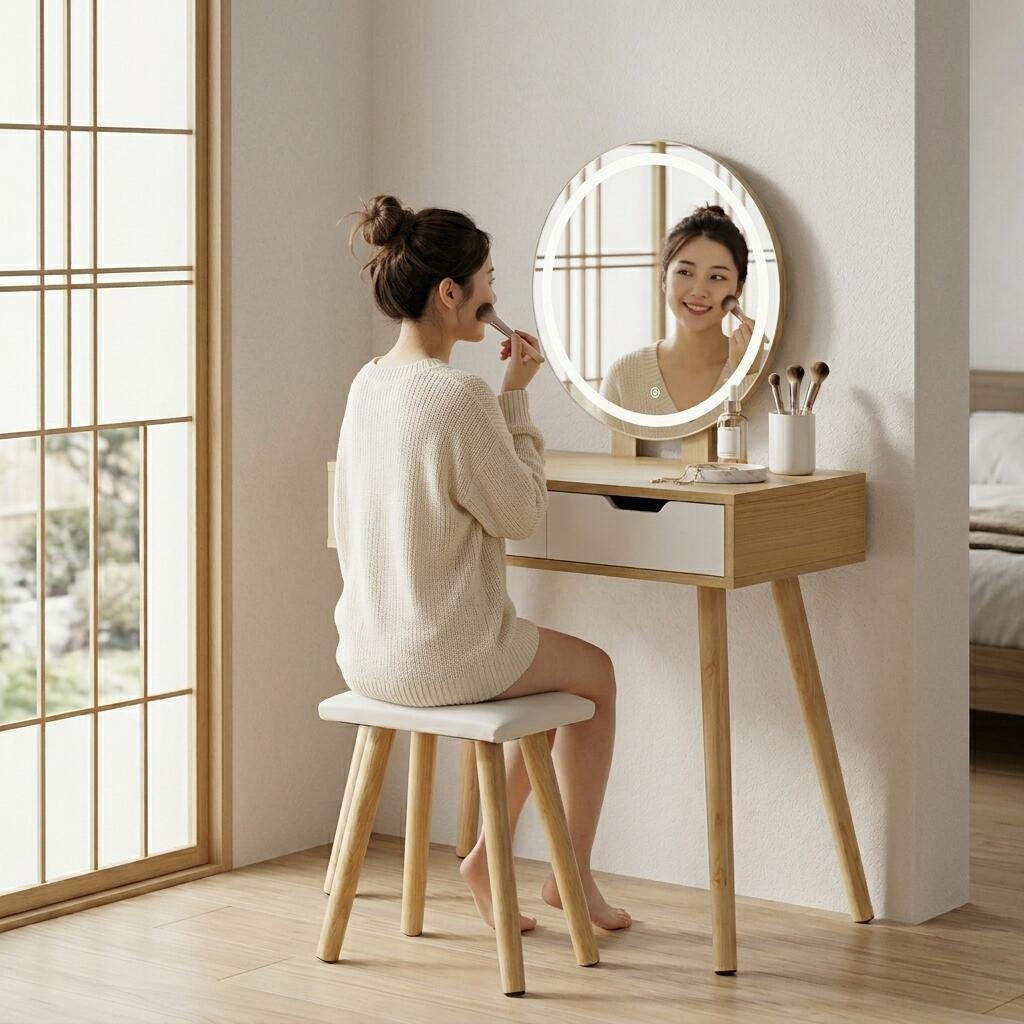 【10％クーポン＆エントリーでP10倍】ドレッサー 丸型ミラー直径52cm 3色LED 明る...