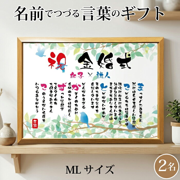 商品名 ■名前ことば MLサイズ サイズ 【額縁サイズ】 ・Mサイズ：高さ28.4cm×幅39.8cm 材質：木製　ガラス 壁掛用のひもが付属しています。 字体 手描き風高級筆文字フォント ※手書きではありません。 ご注文方法 項目を選択のうえ、商品を買い物カゴに入れてください。 購入手続きへ進みますと、【名前ことばをご注文のお客様へ】という備考欄が ございますので、必要情報をご記入ください。 ご記入が難しい場合には、ご注文確定後に、別途、LINEかメールにてお知らせください。 ■メール：nigaoe-art@shop.rakuten.co.jp ■LINE：＠803sgoox ※ご注文番号とお名前を忘れずにお願いいたします。 ■ご不明な点は、お気軽にお問い合わせくださいませ。 ラッピング 同梱について ■無料でラッピング対応しておりますので、ご選択の上ご注文ください。 用途 【誕生日のお祝い】 還暦祝い（60歳）　古希祝（70歳）　喜寿祝い（77歳） 傘寿祝い（80歳）　米寿祝い（88歳）　卒寿祝い（90歳） 白寿祝い（99歳）　百寿祝い（100歳） 【結婚式】 ご結婚祝い　両親への贈呈に 【結婚記念日】 銀婚式（結婚25周年）・真珠婚式 （結婚30周年） 珊瑚婚式（結婚35周年）　ルビー婚式 （結婚40周年） サファイア婚式（結婚45周年）　金婚式（結婚50周年） エメラルド婚式（結婚55周年）　ダイヤモンド婚式（結婚60周年） 【子供のお祝い】 出産祝い 出産内祝い 入園 入学式 卒業式 成人式 【記念日】 交際記念日　バレンタイン　ホワイトデー 【季節行事】 母の日　父の日　敬老の日　敬老会 記念品 クリスマス　退職祝い 新築祝い　開店祝い