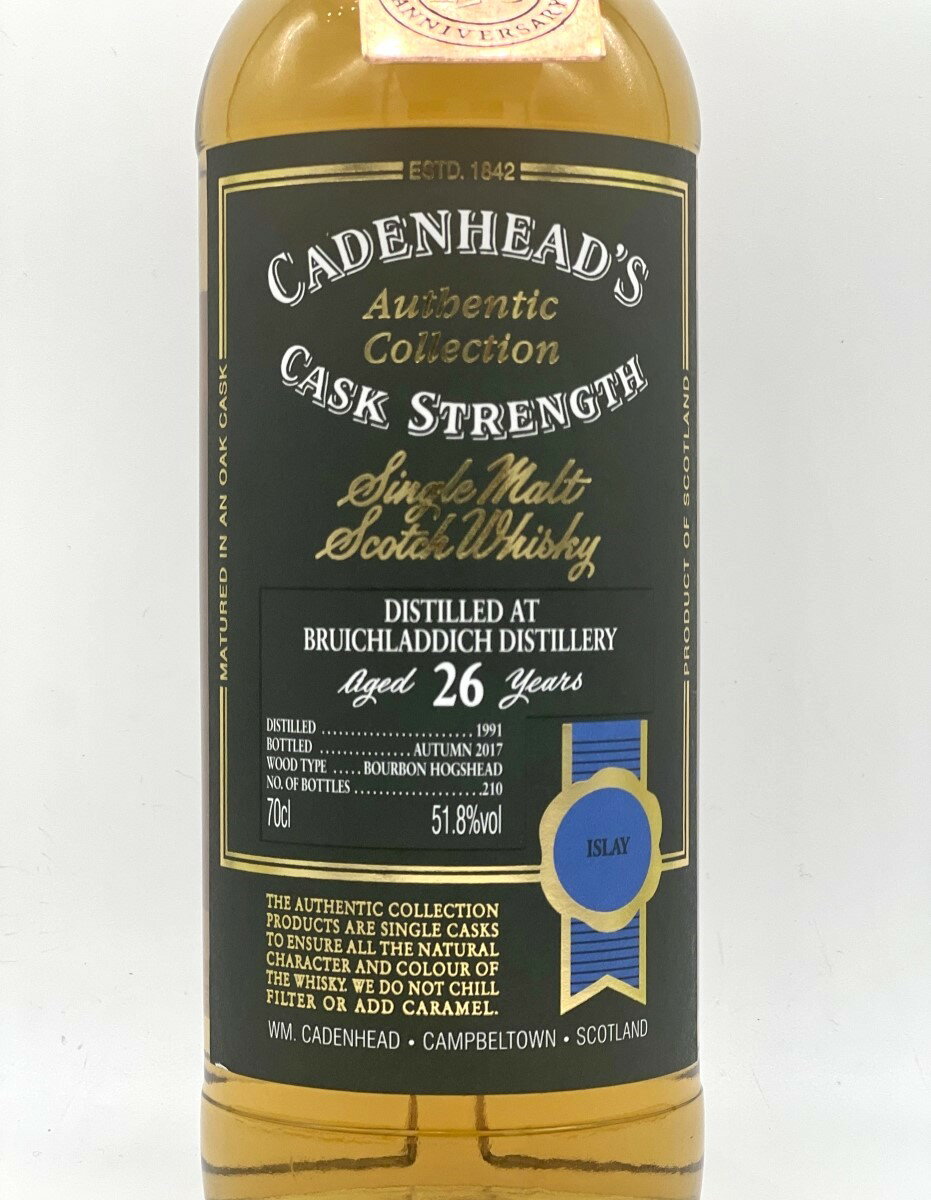 ブルイックラディ 1991 26年Cadenhead's Authentic Collection 175th anniversary700ml/51.8%ブルイックラディ ケイデンヘッド オーセンティック コレクション オールドボトル シングルカスク 1991年 アイラ ボトラーズ