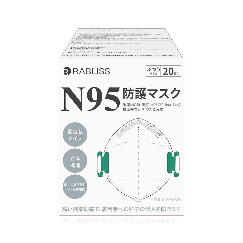 RABLISS 小林薬品 N95マスク 1箱20枚 ホワイト 折りたたみ型 個包装 ノーズパッドで鼻にフィット 頭かけタイプ ストラップ調整可 高機能 4層フィルター KO308 医療用 防護マスク 男女兼用 フリーサイズ 白 個別包装 不織布マスク 使い捨て 予防 通気性 サージカル 防塵 粉塵