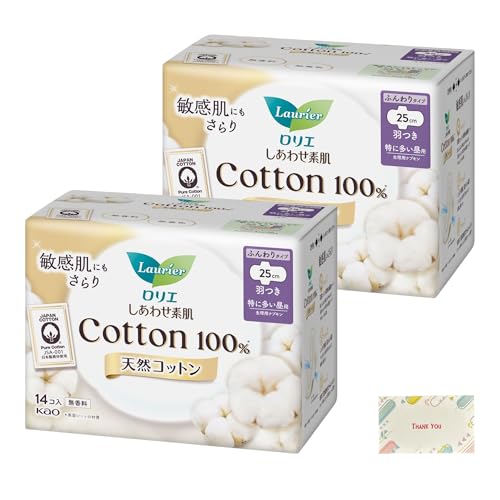 ロリエ しあわせ素肌 天然コットン100％ 特に多い昼用25cm 羽つき 14個入 + Kunutonnオリジナルロゴ入りe おまけ付