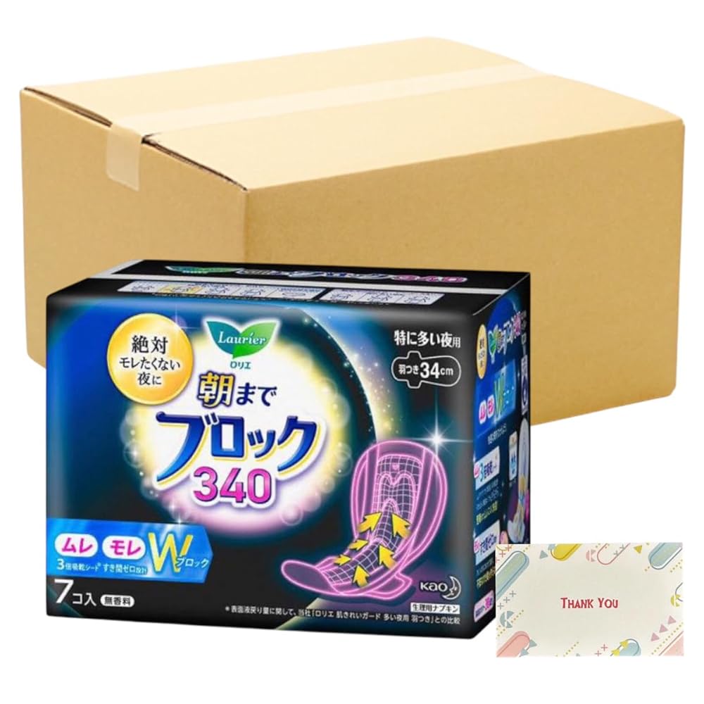 【まとめ買い 個セット】花王 ロリエ 朝までブロック 特に多い夜用 羽つき 340 7個入 + Kunutonnオリジナルロゴ入りeおまけ付