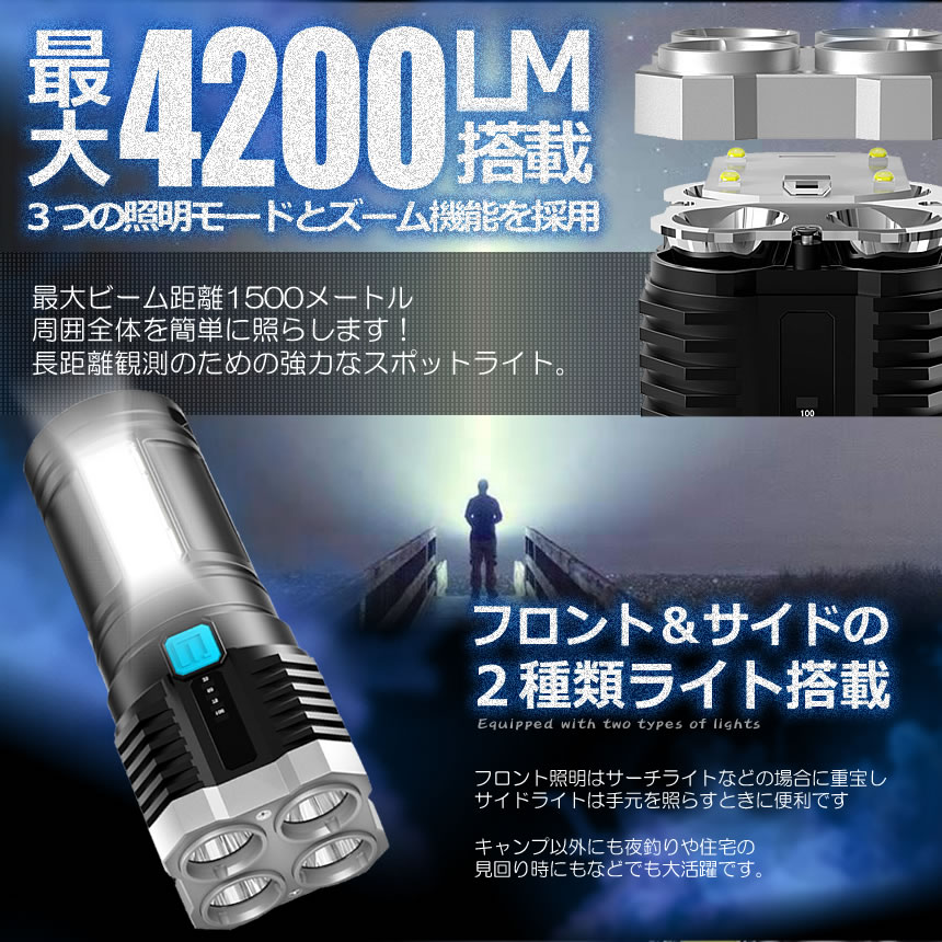 【送料無料】4200LM搭載懐中電灯強力照射USB充電式爆光マルチ4つの点灯照明ランプ緊急災害ライトLEDGYARIKUHOU