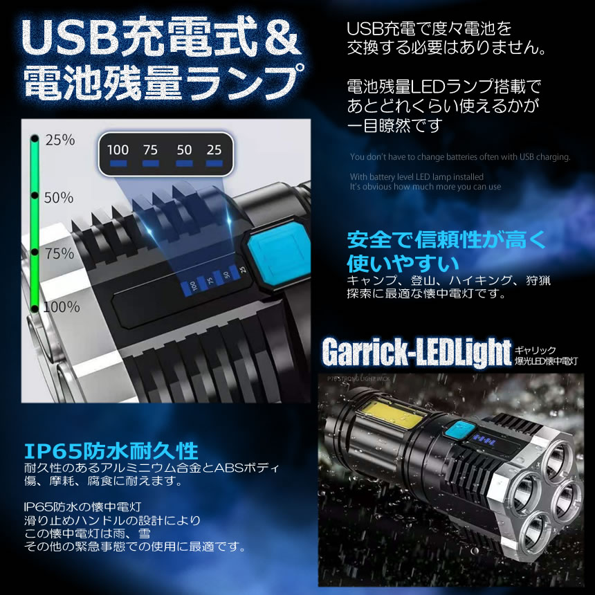 【送料無料】4200LM搭載懐中電灯強力照射USB充電式爆光マルチ4つの点灯照明ランプ緊急災害ライトLEDGYARIKUHOU