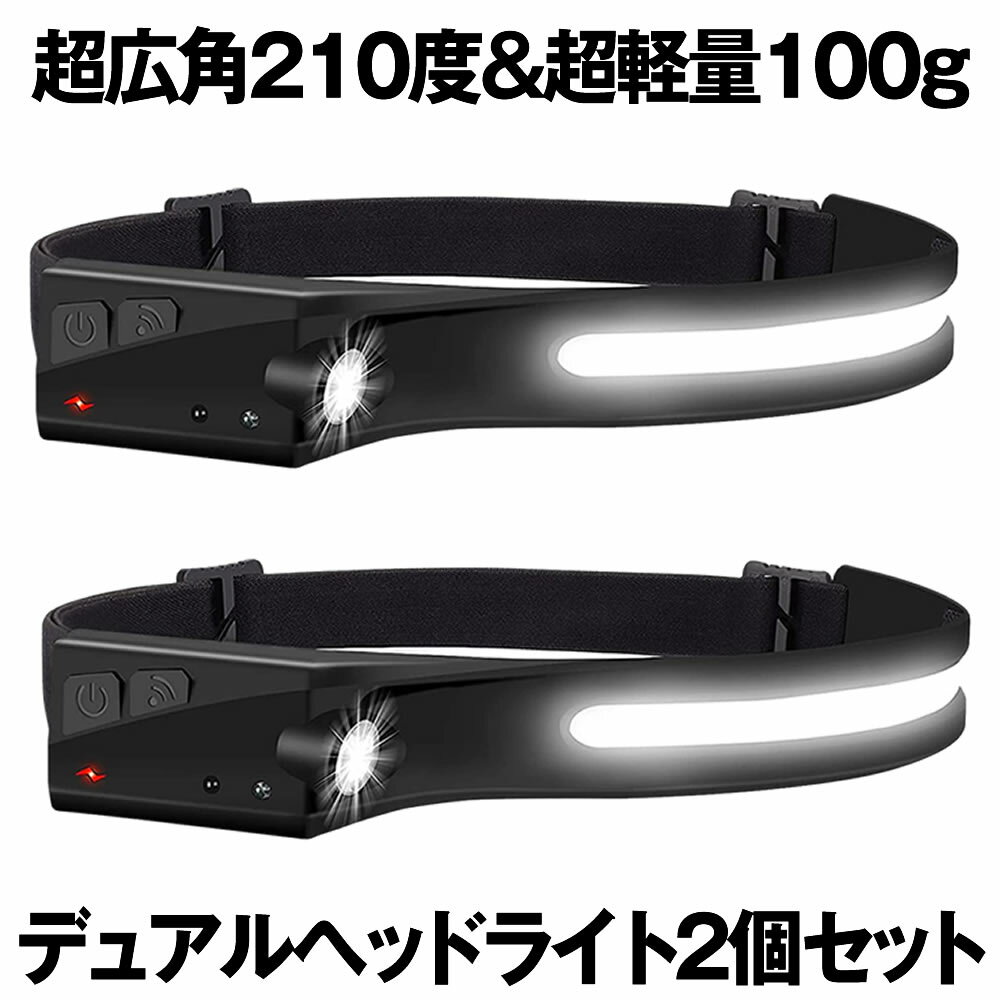  ヘッドライト 2個セット 超広角 照射 充電式 USB LED デュアル ヘッドランプ 5種点灯モード 100g 軽量 アウトドア用 防水 釣り 登山 作業灯 懐中電灯 DRYTO