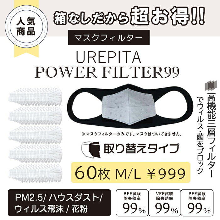 箱なし マスクフィルター UREPITA POWER FILTER99 60枚入り M L 不織布マスクフィルター 取り換えシート インナーマスク マスクインナー マスク用フィルター