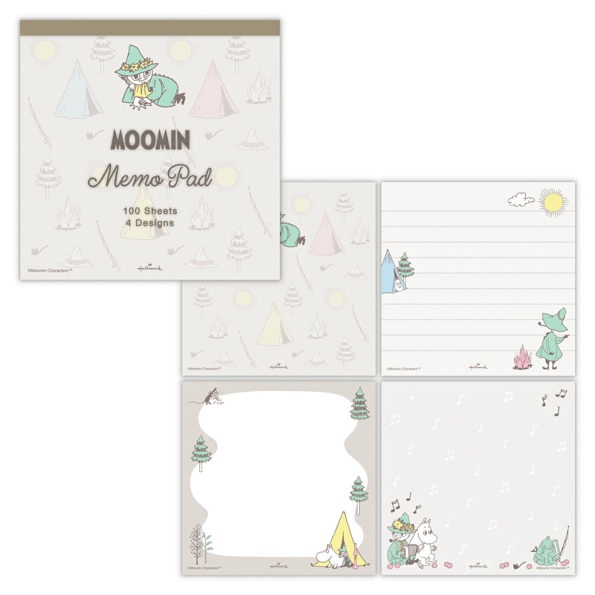 日常にそっと、ムーミンの世界観を 「Moomin valley’s day ～ムーミンのアイテムと過ごす彩りある日常～」をテーマにしたムーミンのコレクション。ムーミン谷の世界観を日常にそっと取り入れて楽しめるステーショナリーが揃いました。さまざなポーズや表情の人気キャラクターと、テーマに合ったモチーフを組み合わせて、すっきりとしたパターン調にレイアウトしたメモパッド。　【グレージュ】メインキャラクター：スナフキン／自然と一緒に楽しむ自由気ままなアウトドア ●100×100mm 4柄100枚+表紙 (C)Moomin Characters TM EFM-851-873